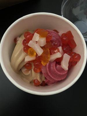 Carmel corn yogurt and pomegranate yogurt with strawberry boba.