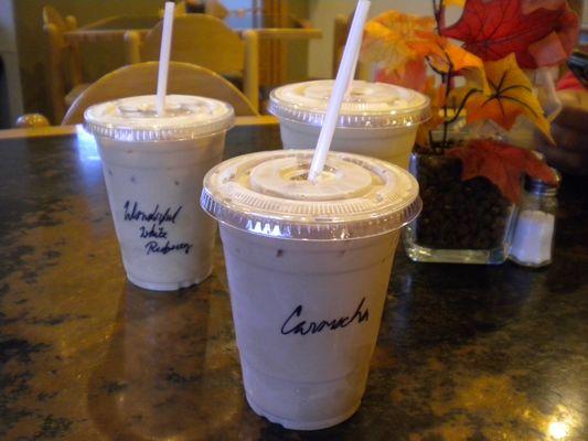 Iced wonderful white raspberry, carmocha, and double caramel delight lattes