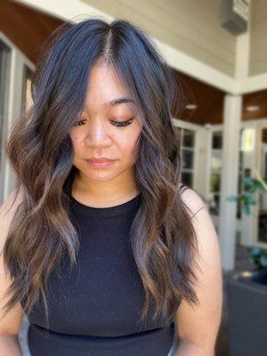 Reverse balayage + gray blended roots