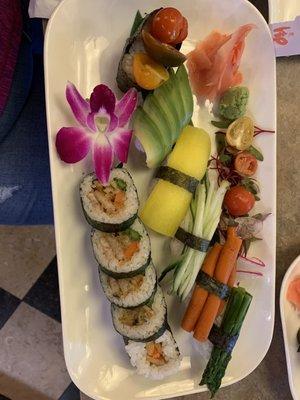 The vegetarian sushi dinner was fabulous. The sushi chef was excellent. The miso soup tasted off. We enjoyed lunch