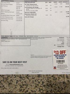 Invoice shows 6 quarts included in oil change plus an extra oil charge.