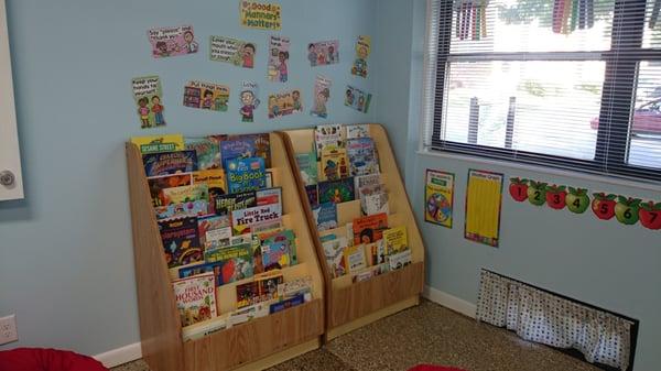 Part of the over 500 book library. Children can check them out and take them home whenever they like.