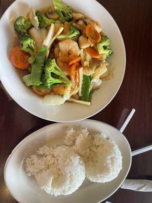 Shrimp and vegetables with a custom-made sauce with white rice on the side. It was fabulous!