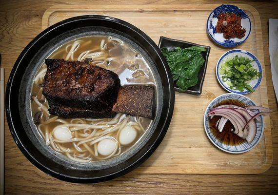 Autumn Special: Galbi Tang 갈비 탕 Short Rib in Beef Broth with quail egg, yu choy, red onion, scallions and spicy garlic on the side