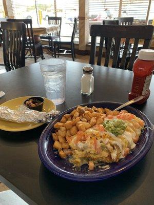 California omelette with tender chicken, avocado, cheese, tortillas, salsa, fried potatoes.