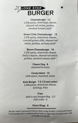 Lone Star Burger PDX Menu