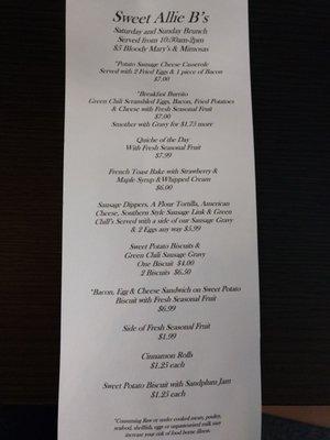 Brunch menu for Saturday's and Sunday's.