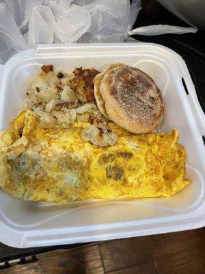 Turkey lovers omelette with potatoes and English muffin