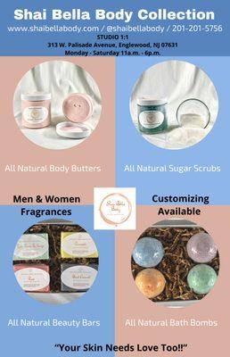 All Natural Skincare Products: Body Butters, Sugar Scrubs, Beauty Bars, Bath Bombs, Lip Glosses, Lip Butter Balms, Facial Treatment Packages