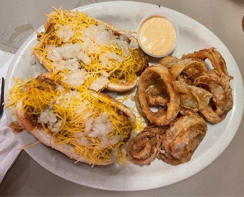 Coney dogs with Cincinnati Chili and onion rings