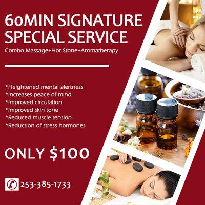 Only $100 for 60Min Special Service,Including Combo Massage & Hot Stone & Aromatherapy