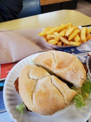 Fried fish sandwich combo. Fries and drink included