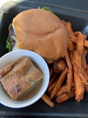 Black burger, sweet potato fries, bread pudding