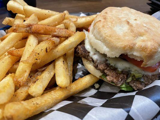 Hueco Tanks burger with garlic fries