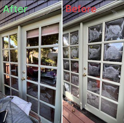 Glass replacement for a double French door.