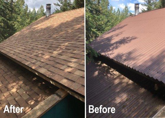 Before and After replacing a damaged corrugated asphalt roof