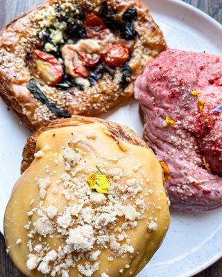 Peach Cruffin, Strawberry Donut, Tomato Cheese and Basil Danish