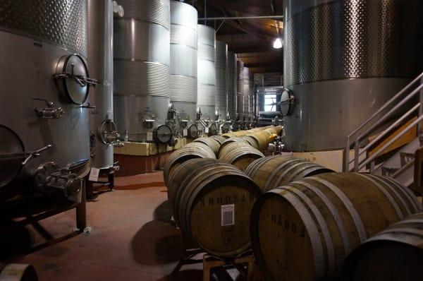 Behind the scenes winery tour in Santa Ynez valley. Fermentation tanks, and aging barrels.