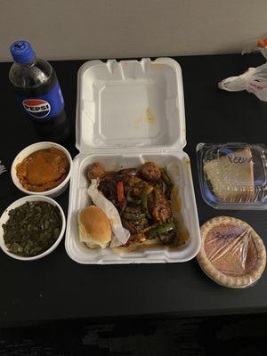 Grilled catfish, sweet potatoes, collard greens, sweet potato pie, 7-Up cake