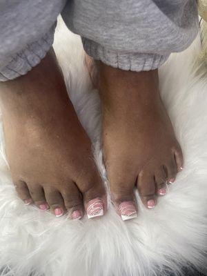 Toes pink and white tips with custom big toes