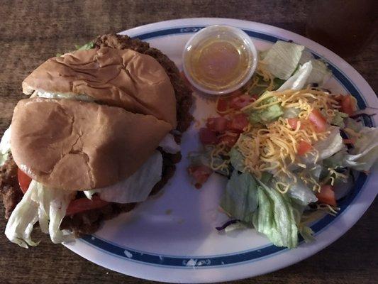 Fried pork tenderloin with lettuce, tomato, ketchup and a side salad with Italian dressing.