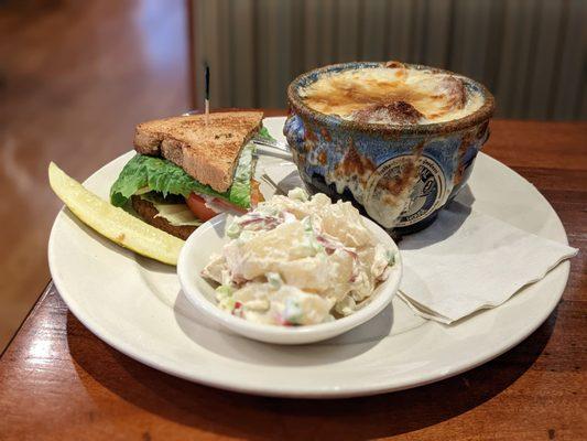 Turkey sandwich toasted, with french onion soup, and potato salad