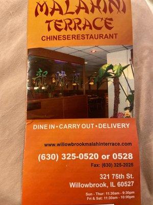 Menu for takeout