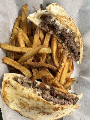 Quesadilla burger with sugared fries