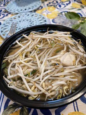 Chicken Pho- there's a lot of chicken and rice noodles under those sprouts