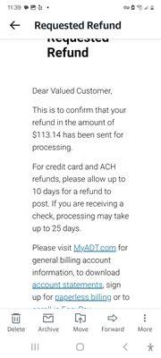 ADT LETTER STATING I WILL BE REFUNDED IN 10 DAYS......UNACCEPTABLE