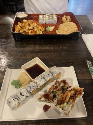 Hibachi bento box, spider roll, spicy shrimp roll.