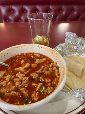 Homemade Menudo with warm tortillas on a Sunday morning was FABULOUS!! The large bowl is LARGE, I'm guessing a quarts worth.