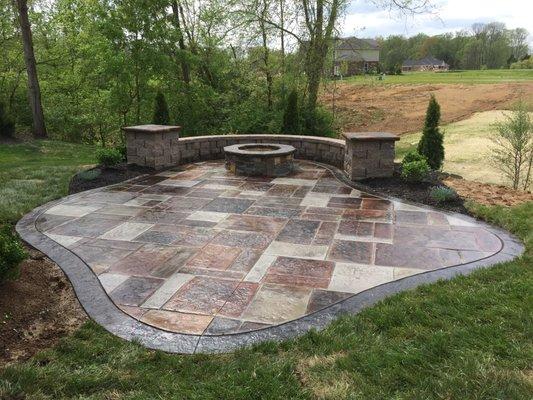 Stamped Concrete Patio in Cincinnati Ohio with Seating Walls and Fire Pit