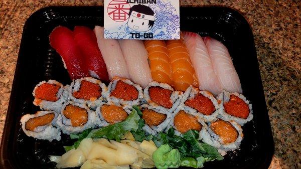 Sushi Platter for 2: 8pc Sushi Mix, 6pc Spicy Salmon Roll, 6pc Spicy Tuna Roll $38.00 (12/02/22). @IchibanToGo #JerseyCity #NewJersey #Sushi