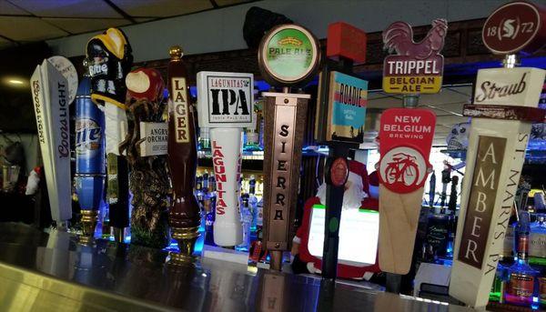 10 Beers on tap:
Always on:   Coors Light, Miller Light, Yuengling & Straub Amber.   
Six taps rotate with Ciders, Craft & Import