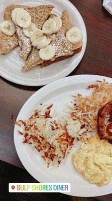 French toast, hash brown, eggs and bacon