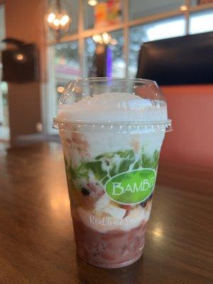 Bambu Combo - red and white mung beans, taro, pandan jelly, boba, rainbow jellies and coconut milk