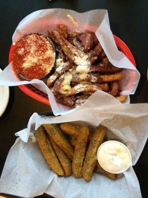 Eggplant Parmesan and fried pickles. Healthy treat. Lol