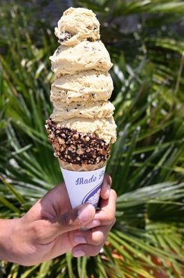 Fresh, house made ice cream in a dipped waffle cone