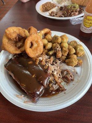 Ribs, pork, onion rings and okra.