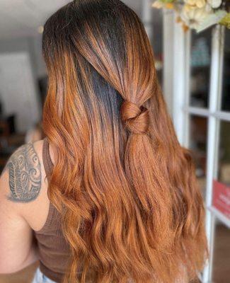 Stunning high contrast copper balayage created by summer. Book your appointment with her at dewordyesalon.com