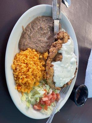 Country fried chicken with rice and beans