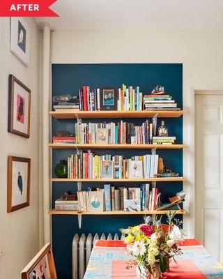 After! A pop of color to outline this book nook.