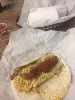 $1.99 sausage, potato egg and cheese breakfast taco.  Outstanding value!!