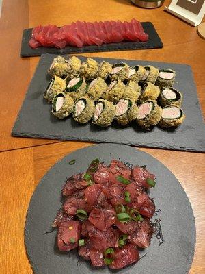 Limu poke, tempura ahi roll, sashimi