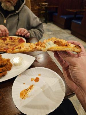 Buffalo chicken pizza, hot wings, personal pepperoni pizza