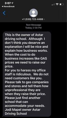 Text message I received from the owner.