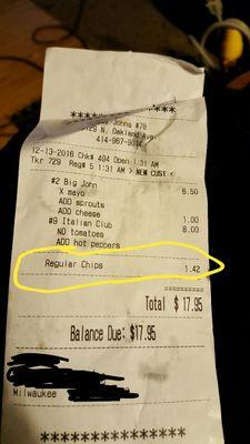 Employee argued whether or not we ordered chips, receipt in hand.