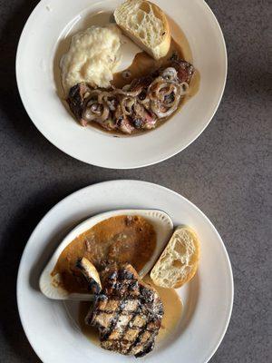 Top - Picanha with Mashed potatoes  Bottom - Apple Brandy Pork Chops with sweet potato casserole