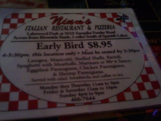 Early Bird Menu